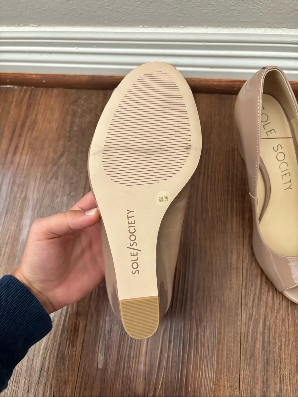 Sole Society Nude Patent Peep-Toe Wedge Pumps